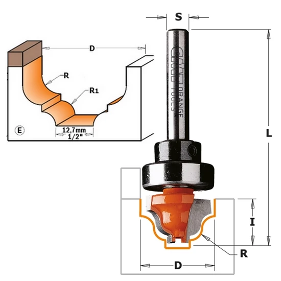 CMT Freză din carbură pentru decorațiuni cu rulment, profil "E" , S=8-12,7